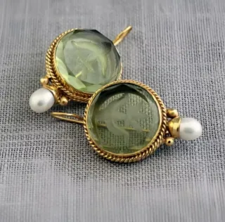 Pendientes Vintage Piedra Verde y Perlas