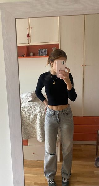 Pantalón vaquero gris ancho Stradivarius T.34