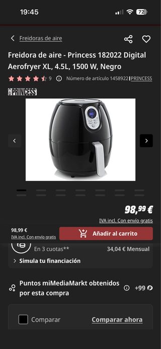 Freidora de aire Princess XL Negra .