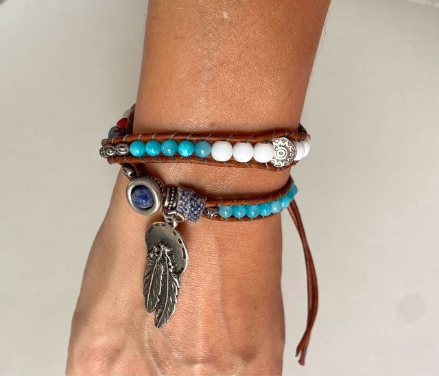 Pulsera Boho Piel Marrón y Turquesa