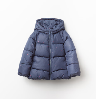 Abrigo Anorak Grueso Azul con Puntos Rosas