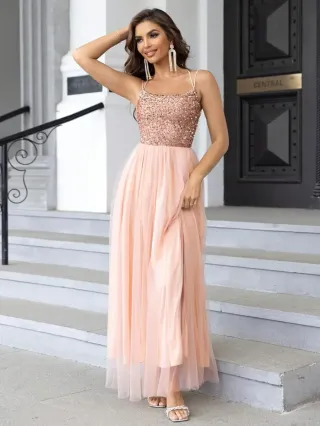 Vestido de fiesta lentejuelas rosa y dorado