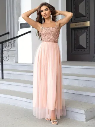 Vestido de fiesta lentejuelas rosa y dorado