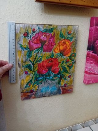 Quadro disegno fiori in legno e vetro anno 90