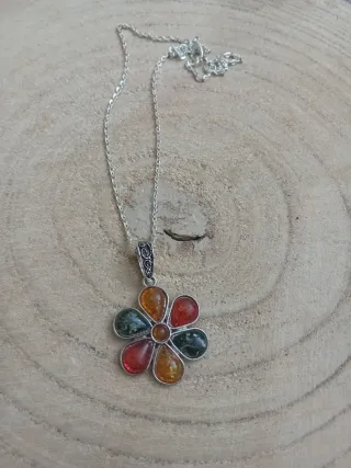 Collana fiore multicolor argento ambra e copale
