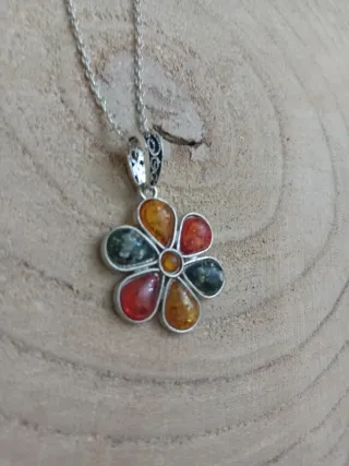 Collana fiore multicolor argento ambra e copale
