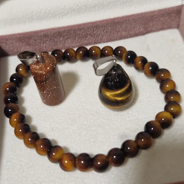 Conjunto Pulsera y Colgantes Piedra Ojo de Tigre