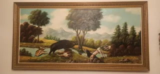 Cuadro de caza con perros y jabalí