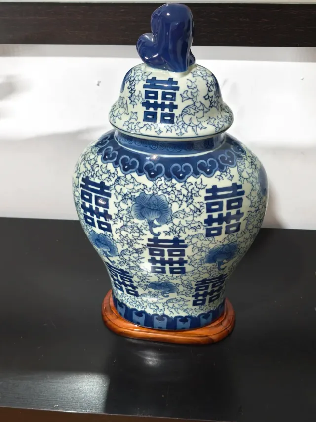 Jarrón Chino Cerámica Azul y Blanco