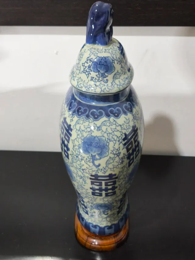 Jarrón Chino Cerámica Azul y Blanco