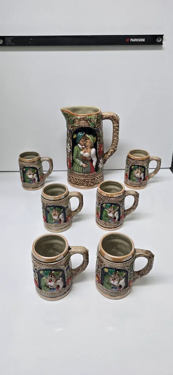 Juego Jarra y Vasos Cerámica Relieve