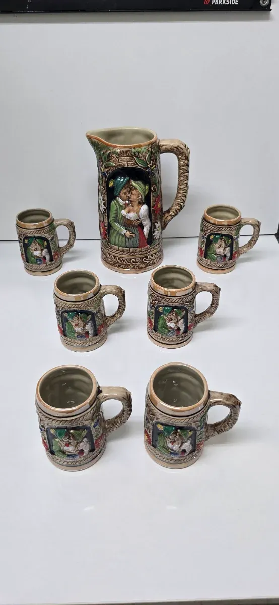 Juego Jarra y Vasos Cerámica Relieve