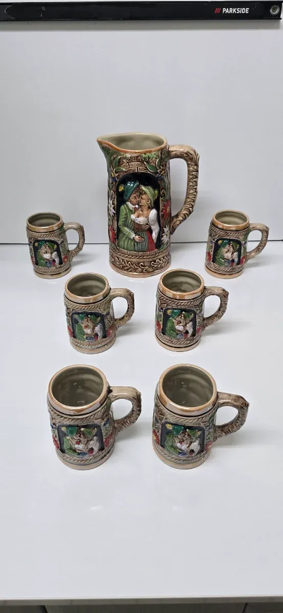 Juego Jarra y Vasos Cerámica Relieve