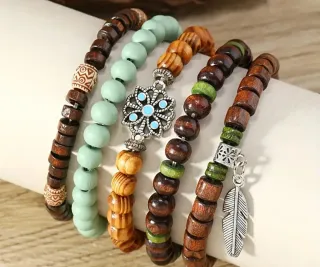 Set 5 Bracciali Boho Perline Legno