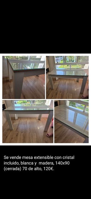 Mesa extensible cristal blanca y madera 140x90