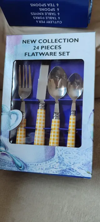 Set 24 cubiertos cuadros Vichy amarillo