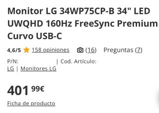 Monitor LG 34WP75CP-B 34" UWQHD 160Hz Curvo USB-C