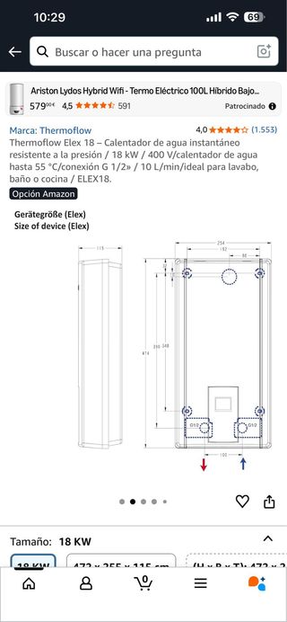 Calentador Agua Instantáneo Thermoflow Elex 18