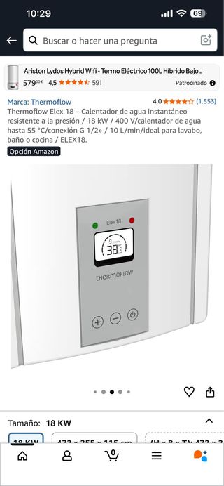 Calentador Agua Instantáneo Thermoflow Elex 18