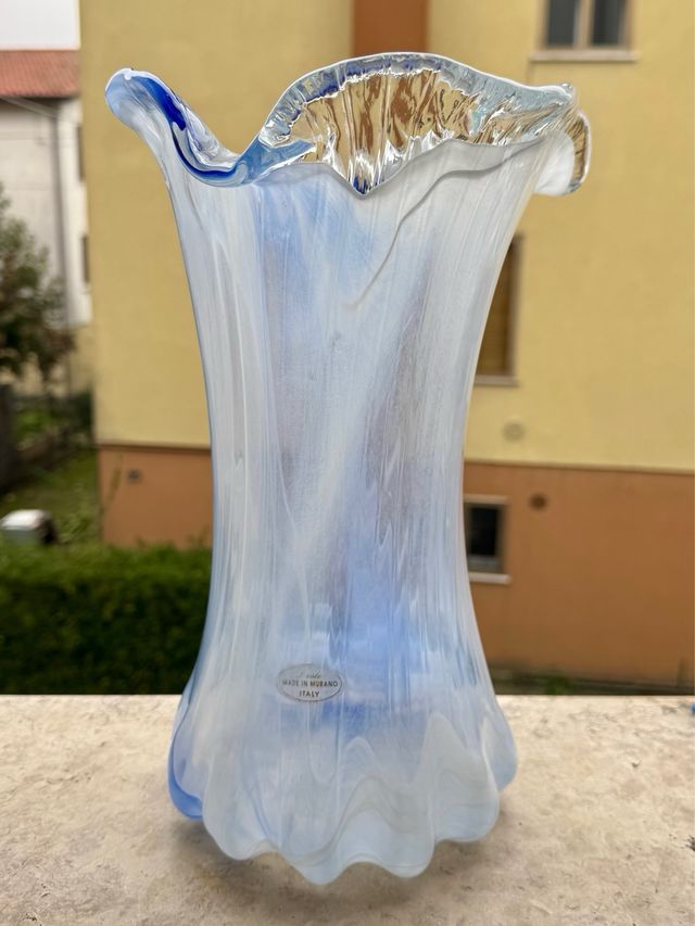 Vaso Vetro Murano 33cm Blu Bianco