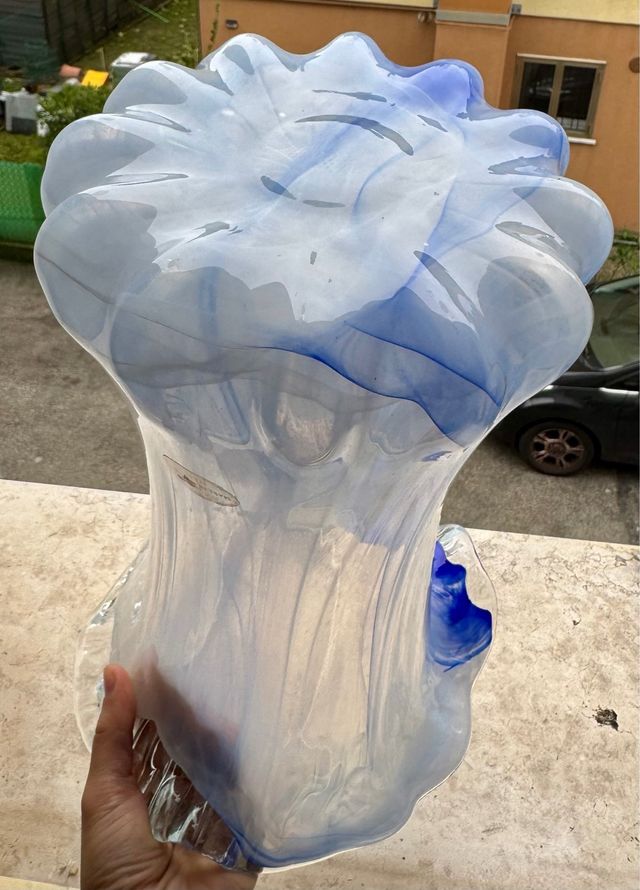 Vaso Vetro Murano 33cm Blu Bianco