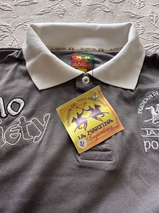 Polo La Martina manga larga gris y blanco
