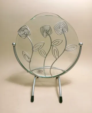 VASO VETRO Tondo  PIATTO Vintage METALLO Fiori