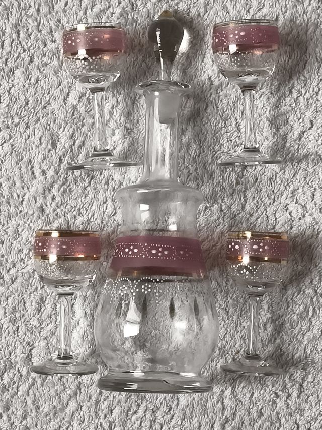 JUEGO LICOR CARAFE VIDRIO ART DECO + 4 COPITAS