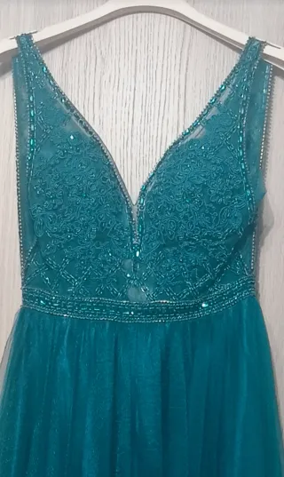 Vestido largo fiesta tul azul turquesa