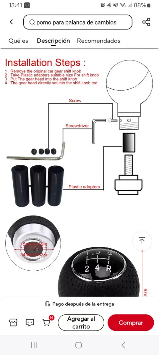 Perilla / pomo de cambio universal 5 velocidades