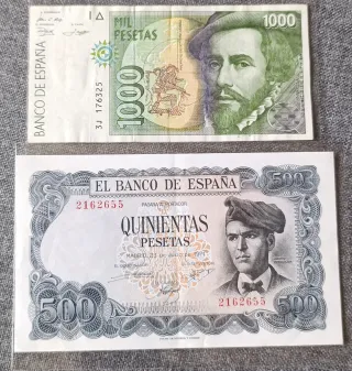 Billetes españoles 1000 y 500 pesetas