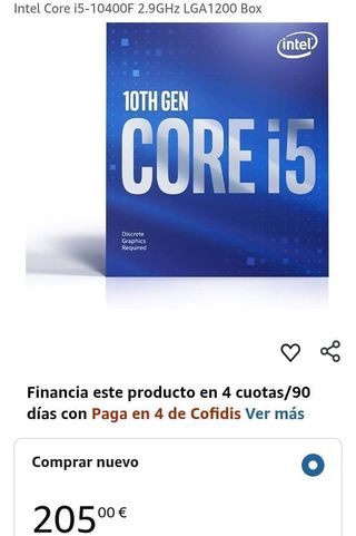 Procesador Intel Core i5-10400F 2.9GHz LGA1200