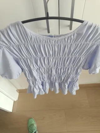 Top Mango Azul Fruncido