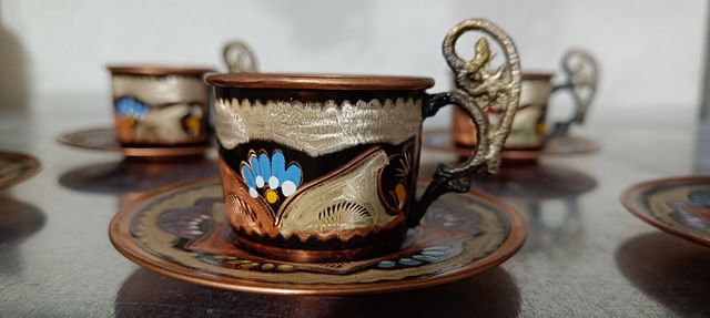 Juego 6 tazas y platillos cobre