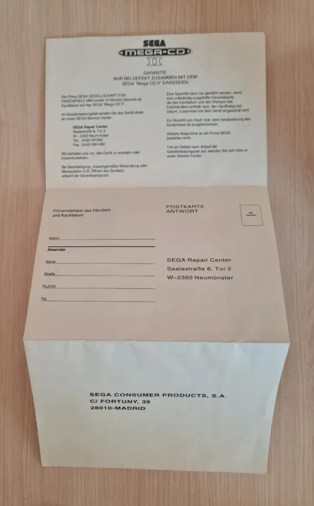 Garantía SEGA Mega CD II