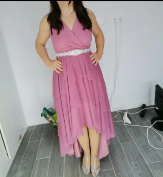 Vestido de fiesta rosa largo, cinturón no incluido