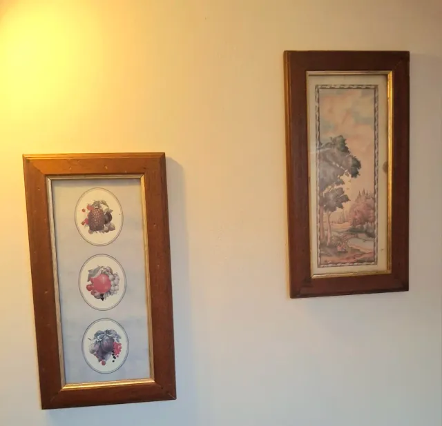 2 cornici con stampe di frutta e paesaggio