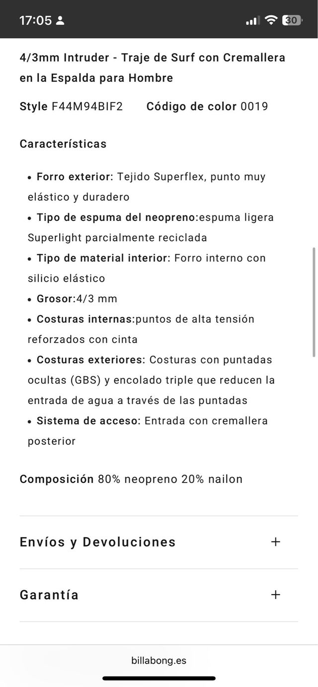 Neopreno Billabong 4/3 Hombre Talla L