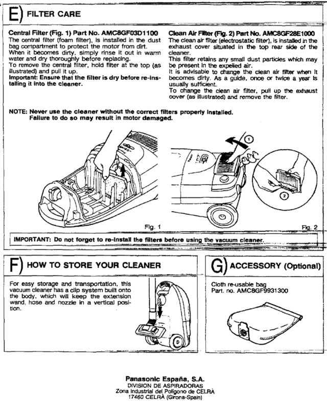 Aspirador Panasonic verde con sus componentes