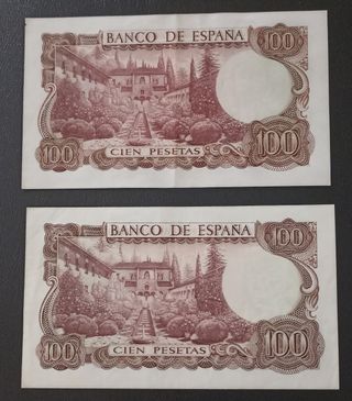 2 Billetes 100 Pesetas 1970, sin serie y 7W