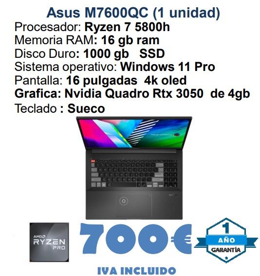Asus M7600QC Ryzen 7 5800h 16GB RAM 1TB SSD