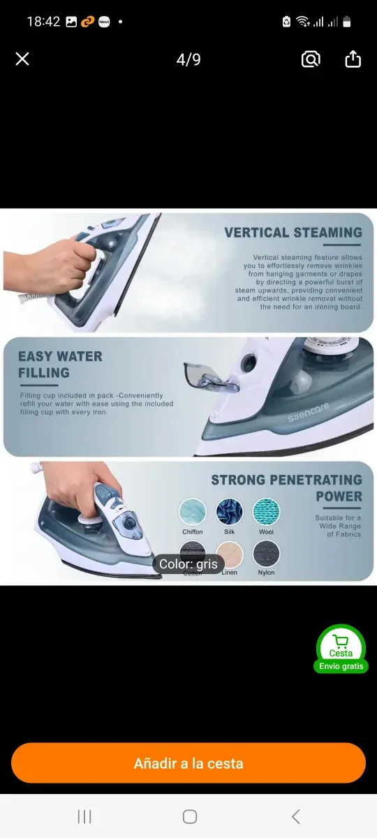 Plancha de vapor antiadherente gris