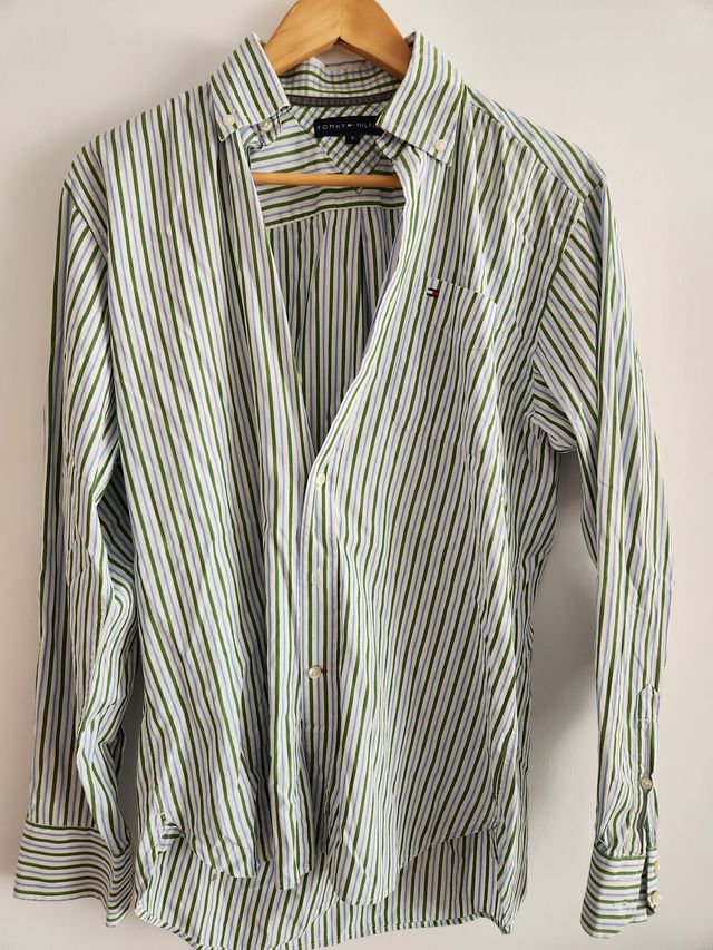 Camisa Tommy Hilfiger Rayas Azul y Verde Talla S