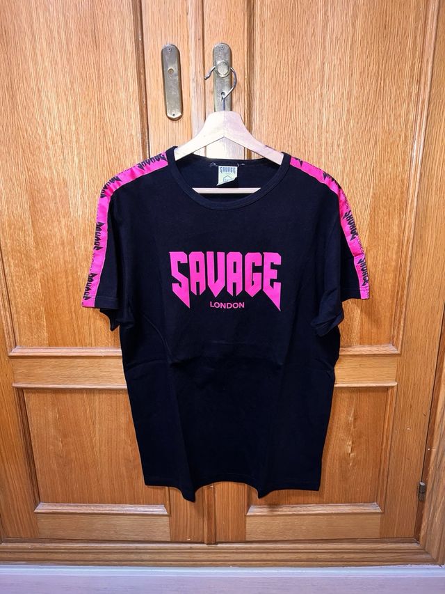 Camiseta Savage London Negra & Rosa - Talla XL
