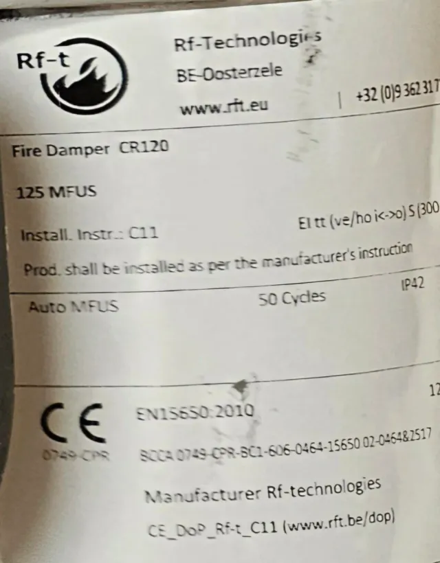 4x Compuertas Cortafuegos Kosner CR120 125mm 73°C