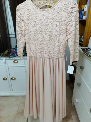 Vestido fiesta rosa encaje manga larga