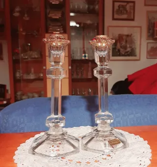 2 Candelabri in cristallo collo in metallo dorato