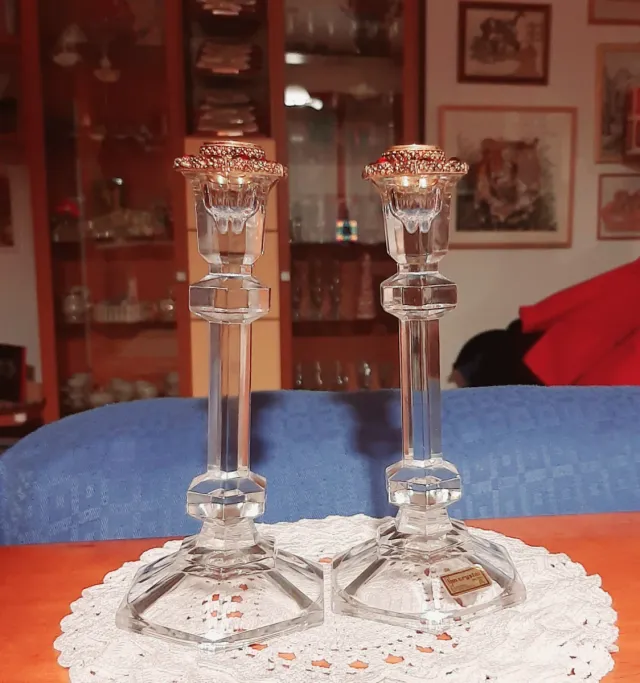 2 Candelabri in cristallo collo in metallo dorato