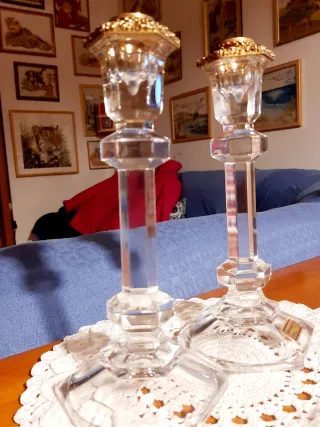 2 Candelabri in cristallo collo in metallo dorato