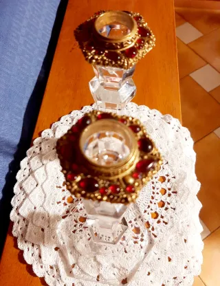 2 Candelabri in cristallo collo in metallo dorato